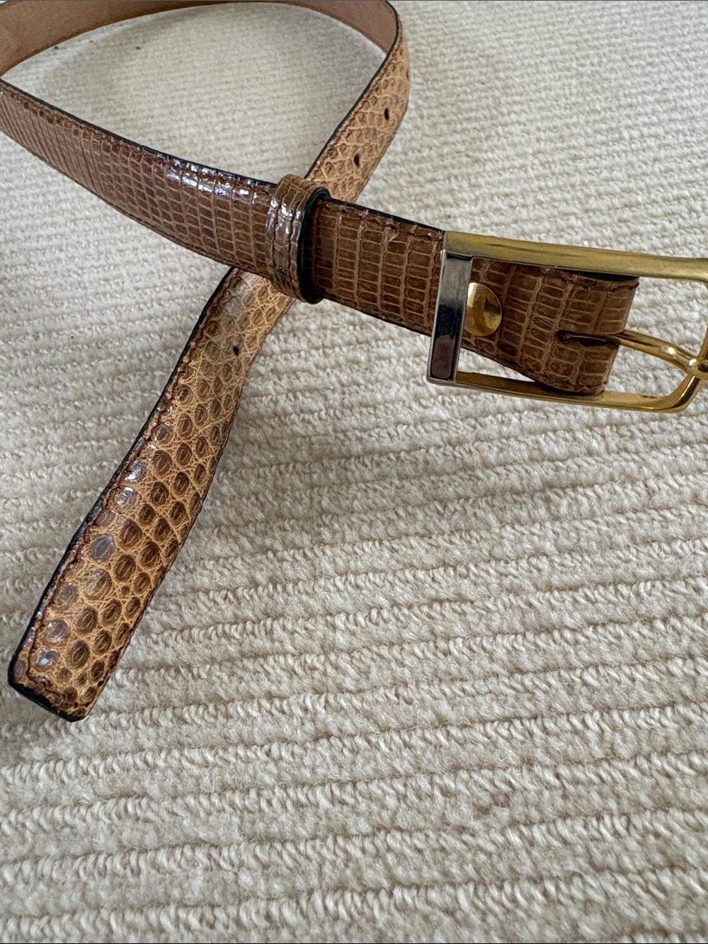 Lizard Brown Leather Belt with Gold-Tone Buckle - Picture 3 of 8